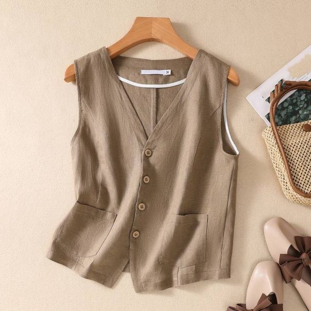 Women's Clothing new fashion short cotton and linen vest single layer vest retro casual ladies sleeveless cardigan top_ipsvogv.com