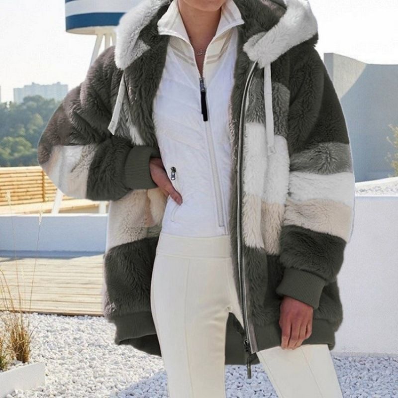 Women's Clothing autumn and winter warm plush patchwork zipper pocket hooded loose coat _ipsvogv.com