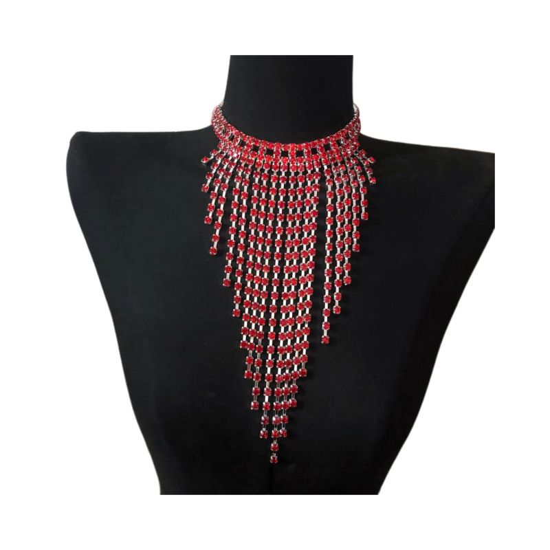 Fashion rhinestone tassel necklace sexy red full diamond multi layer versatile clavicle necklace_ipsvogv.com