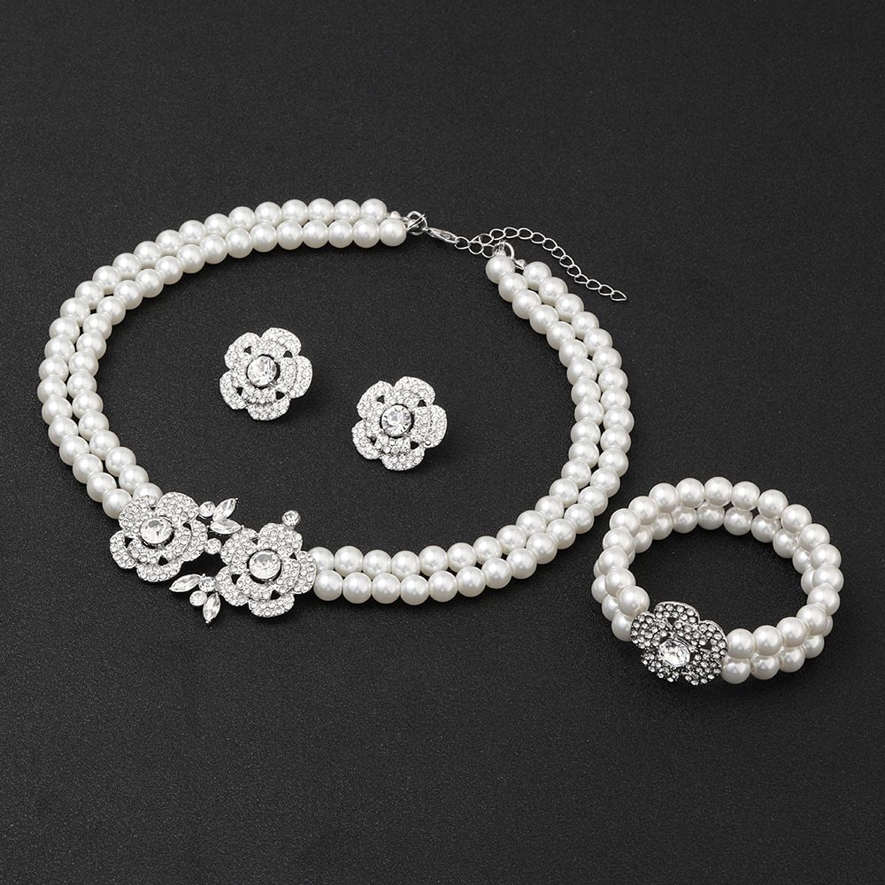 Hot Selling Flower Pearl Necklace Women Three-Piece Set Suitable For Wedding And Evening Banquet_ipsvogv.com