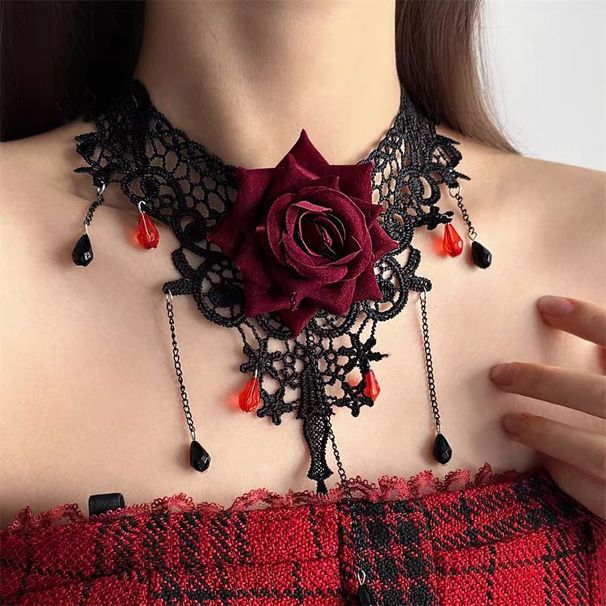 Dark Gothic Halloween Lace Rose Necklace Niche Design Tassel Choker Sweet Cool Fashion Accessory_ipsvogv.com