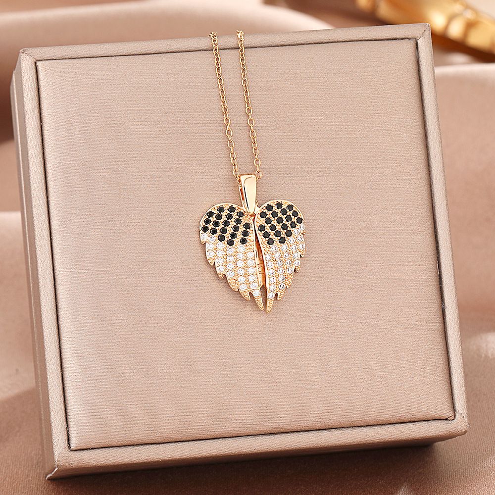 Creative New Angel Wing With Two Wings, Heart-shaped Diamond Studded Stainls Steel Women's Gift Necklace And_ipsvogv.com