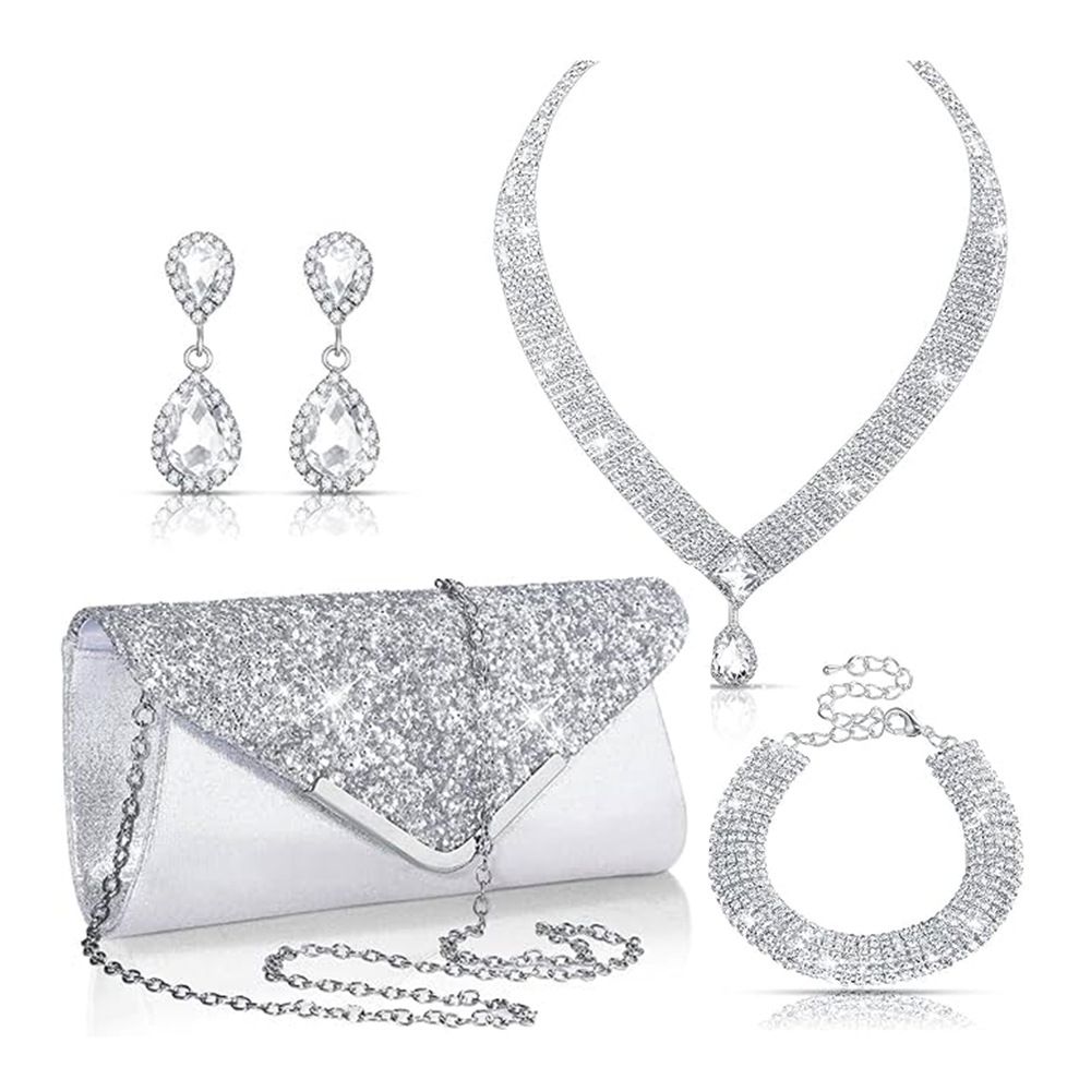 Light luxury water drop pendant zircon necklace earrings rhinestone 4 piece set evening bag bride wedding dress accessories_ipsvogv.com