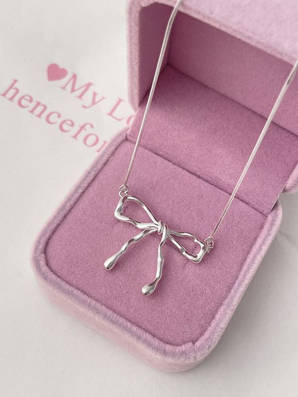 Sterling Silver Ribbon Bow Necklace Women, Niche High-End Clavicle Chain, Mori Style Korean Version, Elegant Lady Neck_ipsvogv.com
