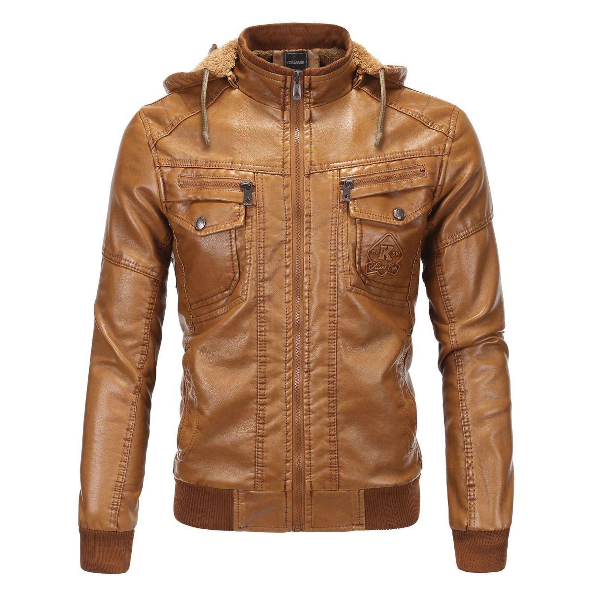2023 European size men's leather jacket washed leather hooded leather jacket plus velvet warm leather jacket large size men's jacket 1603_ipsvogv.com