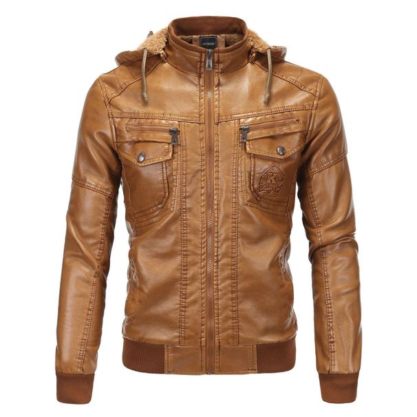 2023 European size men's leather jacket washed leather hooded leather jacket plus velvet warm leather jacket large size men's jacket 1603_ipsvogv.com