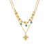 Fashion niche design Metal retro double layer wear gold-plated stainless steel turquoise four-leaf clover pendant necklace_ipsvogv.com