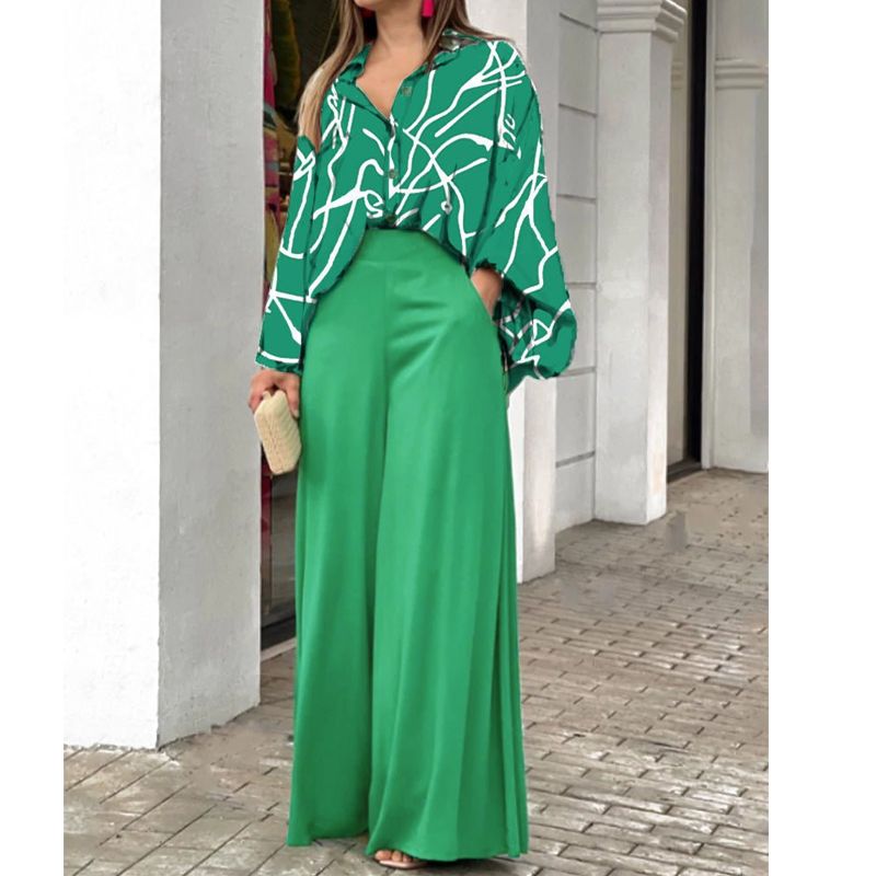 Women's New Fashion Suit Large Size Women's Lapel Shirt Printed High Waist Wide Leg Pants Two-piece Set_ipsvogv.com