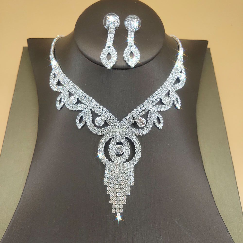 Bridal Jewelry Set - Rhinestone Lace Necklace & Earrings, 2-Piece Silver Plated Wedding Accessories_ipsvogv.com
