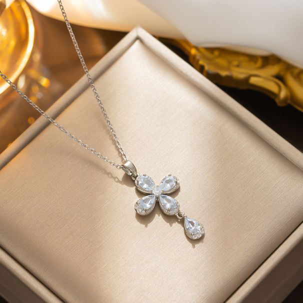 Necklace, four leaf flower collarbone chain, full diamond pendant, crown style, necklace, celebrity style_ipsvogv.com