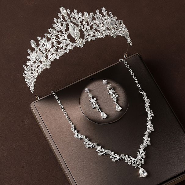 Crown headdress three piece set forest style atmospheric rhinestone birthday crown necklace earrings bride wedding dress evening dress jewelry_ipsvogv.com