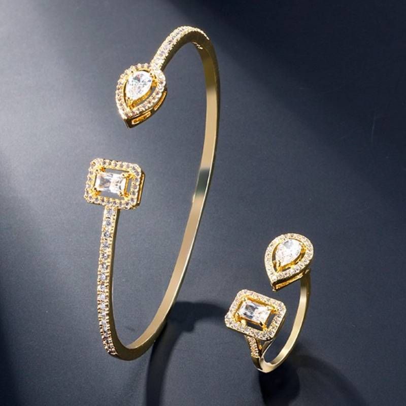 Personalized Open Bracelet Ring Two piece Set Open Water Drop Square Zircon Ring Bracelet_ipsvogv.com