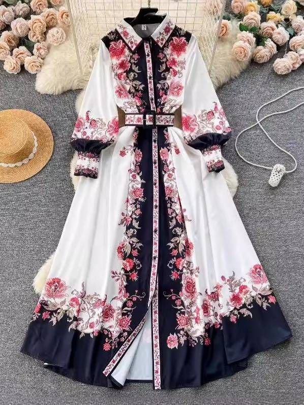 Women's Clothing color matching print slim long puff sleeve temperament dress spring dress _ipsvogv.com