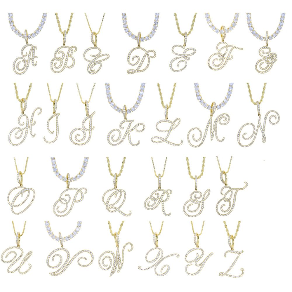 Men's Jewelry Hip Hop New 26 Cursive Letters Pendant Necklace Micro Inlaid Zircon Initials Pinyin Pendant Necklace_ipsvogv.com