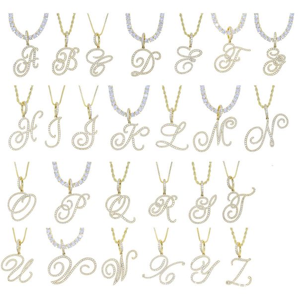 Men's Jewelry Hip Hop New 26 Cursive Letters Pendant Necklace Micro Inlaid Zircon Initials Pinyin Pendant Necklace_ipsvogv.com
