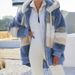 Women's Clothing autumn and winter warm plush patchwork zipper pocket hooded loose coat _ipsvogv.com