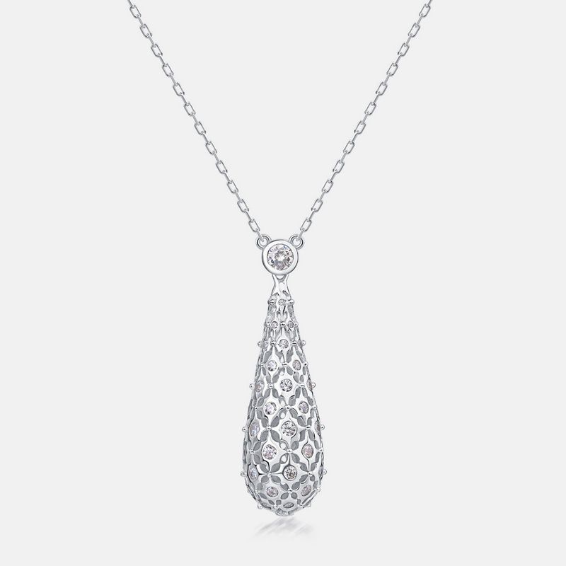 new Water Drop Simple Necklace S925 Silver Hollow Full Inlaid White Zirconium Clavicle Chain Fashion Light Luxury Noble_ipsvogv.com