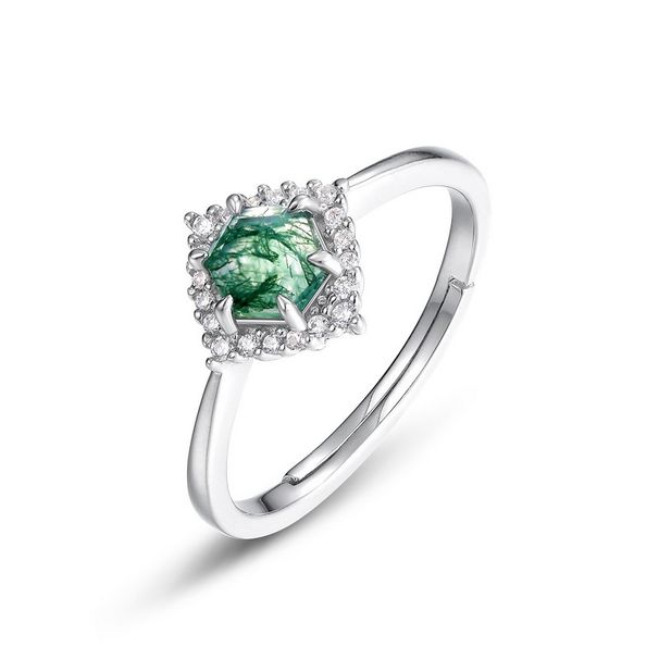Natural Geometric Water Grass Agate Open Ring Female S925 Silver Full Inlaid Colored Gem Personality Ring_ipsvogv.com