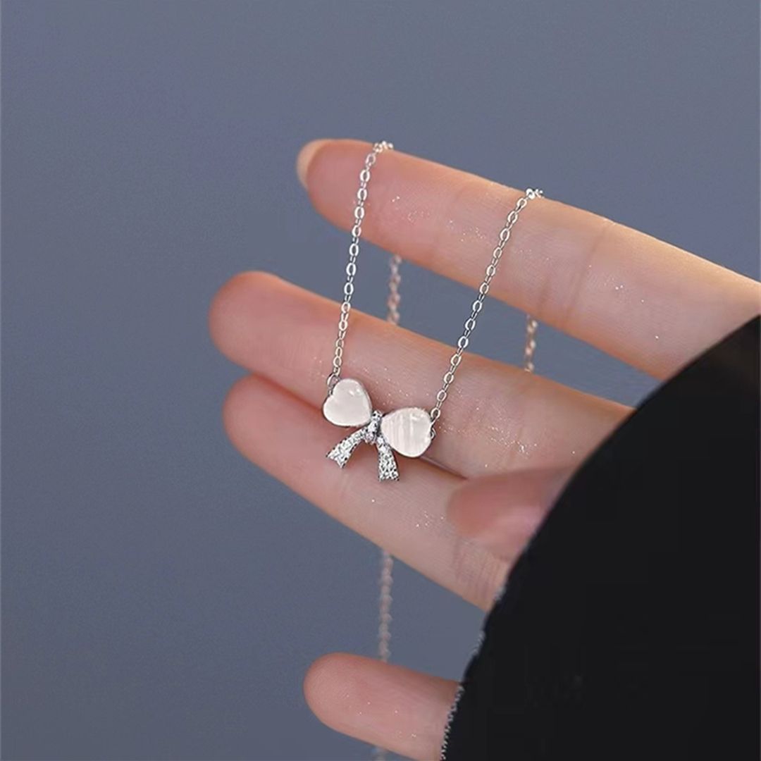 Pure Silver Cat Eye Stone Bow Necklace, Niche Design, Ins Temperament, Gentle And High-end Feeling, Collarbone Chain_ipsvogv.com