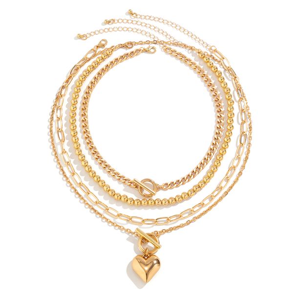 4-Piece Peach Heart CCB Cross Chain Necklace Set European And American Summer Trendy High-end Fashion Internet Celebrity Travel Photography Jewelry_ipsvogv.com
