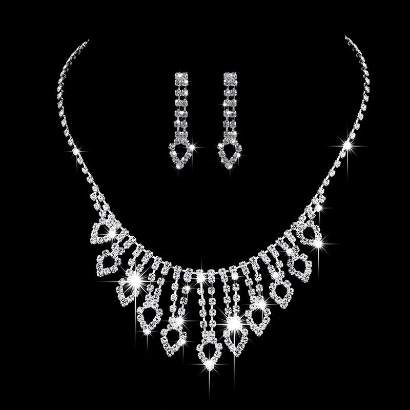 Women’s Jewelry Set Fashion Full Diamond Necklace Earrings Set Bridal Jewelry Necklace Three Piece Set Wedding Rhinestone Jewelry_ipsvogv.com