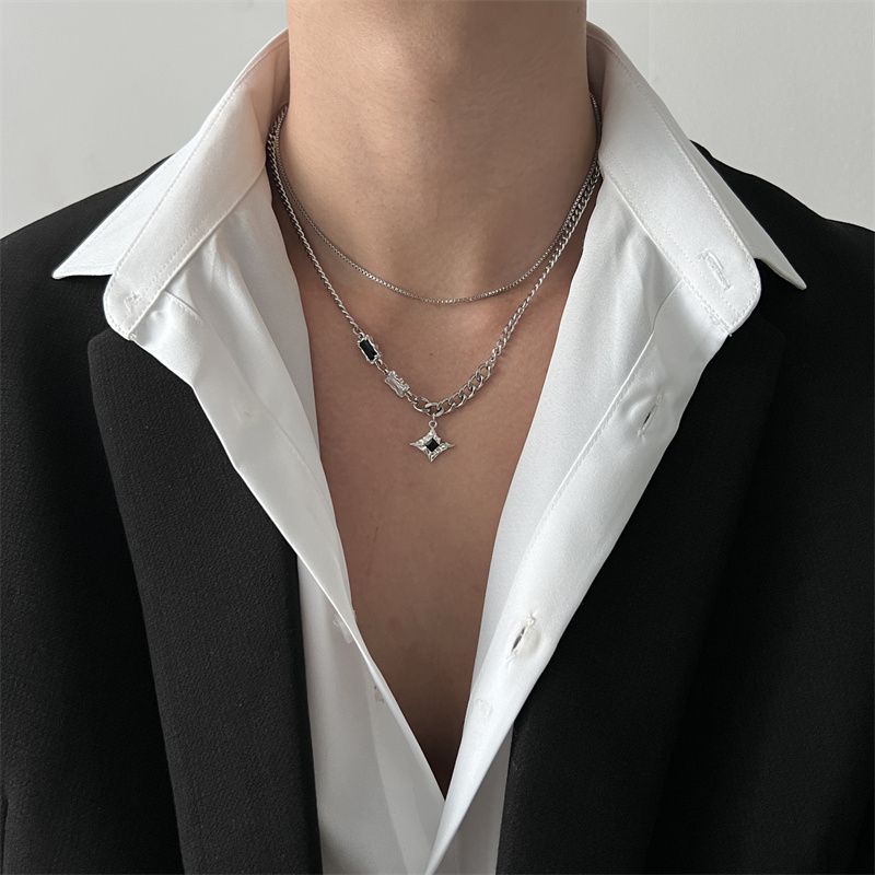 Black Zircon Double Layer Mang Star Necklace for Men's Ins Trendy and Handsome Hip Hop niche Design High Grade New Versatile Jewelry_ipsvogv.com