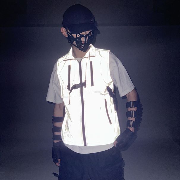 Men's Clothing colorful reflective workwear vest jacket for men and women loose and versatile multi pocket sleeveless waistcoat stand collar vest_ipsvogv.com
