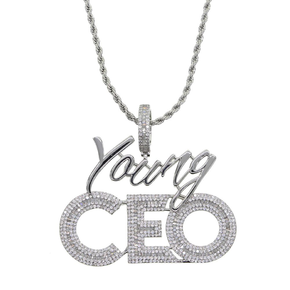 Men's Hip Hop Jewelry YOUNG CEO Pendant Necklace With Cubic Zirconia, Durable Copper Chain For Trendy Streetwear Look (Silver/Gold, 60cm)_ipsvogv.com