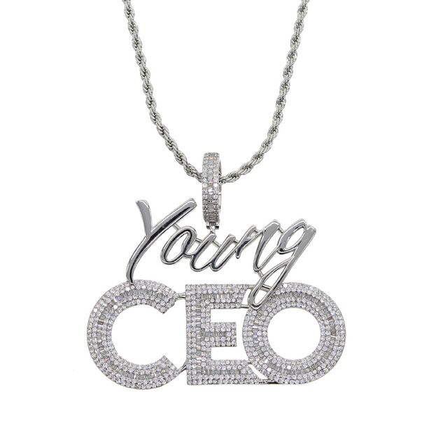 Men's Hip Hop Jewelry YOUNG CEO Pendant Necklace With Cubic Zirconia, Durable Copper Chain For Trendy Streetwear Look (Silver/Gold, 60cm)_ipsvogv.com