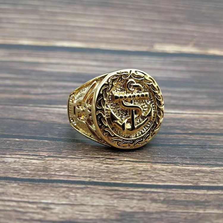 Titanium Steel/Stainless Steel Color-Retaining Gold-Plated American Navy Anchor Eagle Men's Ring_ipsvogv.com