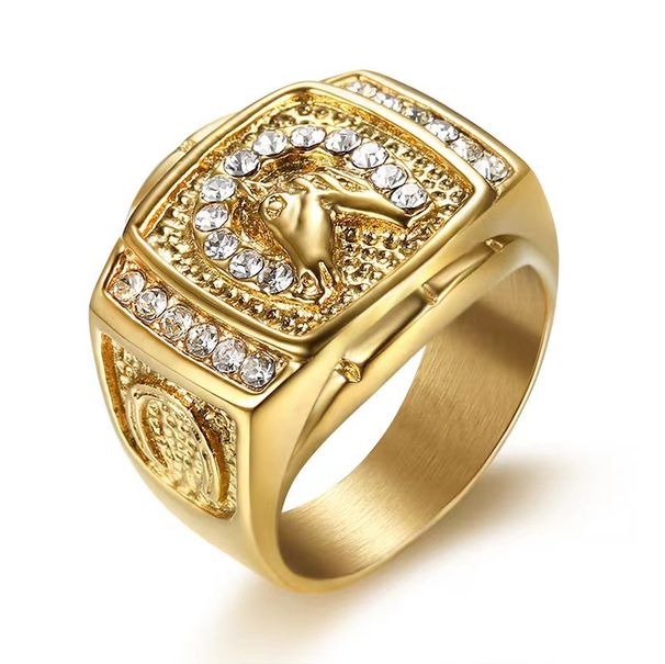 Hot Selling Hip-Hop Jewelry Titanium Steel Gold-Plated Diamond-Studded Horse Head Men's Ring_ipsvogv.com