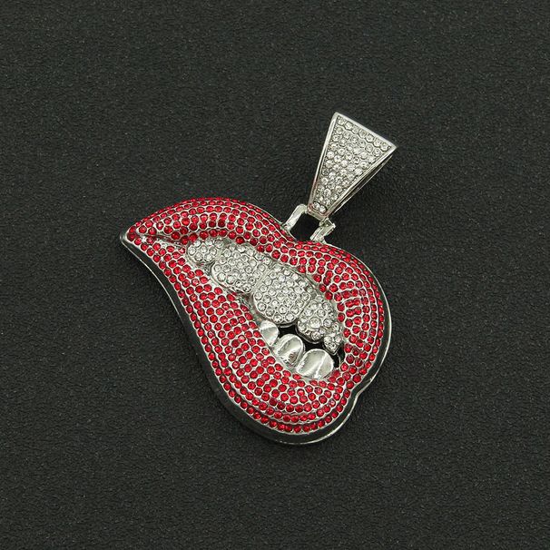 Trendy people's personalized pink lip diamond tooth pendant necklace Men's domineering, cool and exaggerated Cuban chain accessories_ipsvogv.com