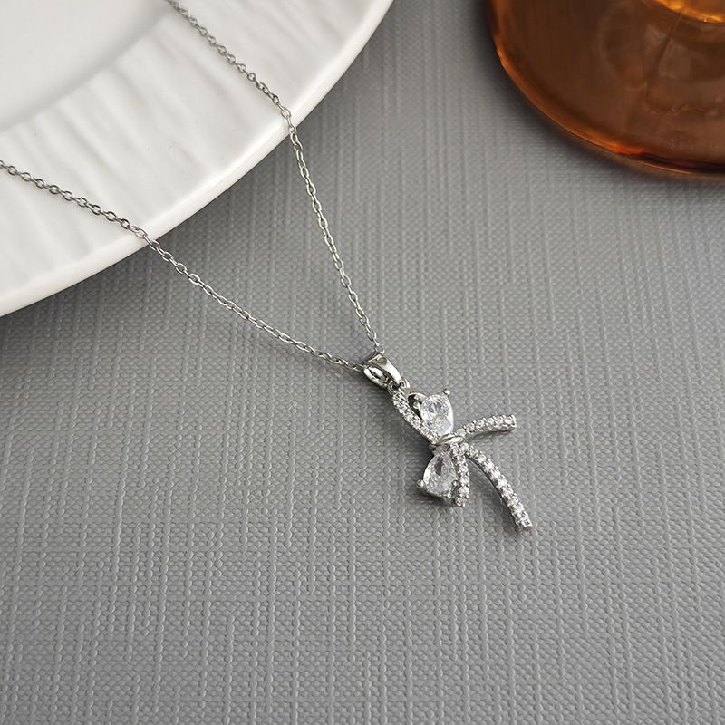 Small Niche Fashion, Simple Bow Necklace, New Versatile, Diamond Studded, High-end, Exquisite Zircon Temperament,_ipsvogv.com