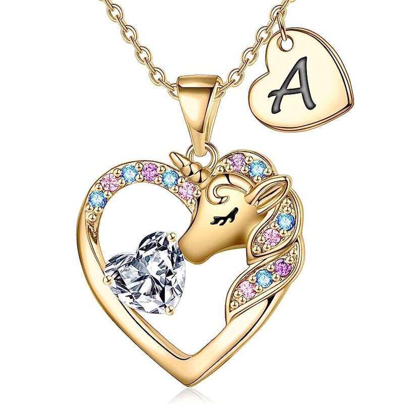 Unicorn Necklace, Heart-shaped Letters A-Z, Zircon Pendant, Fast Selling Children's Jewelry_ipsvogv.com