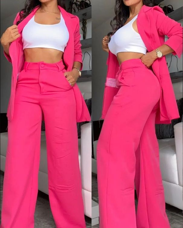 women's Clothing, Elegant And Solid Color Split Sleeve Lapel Suit With Pockets And Straight Pants Suit_ipsvogv.com