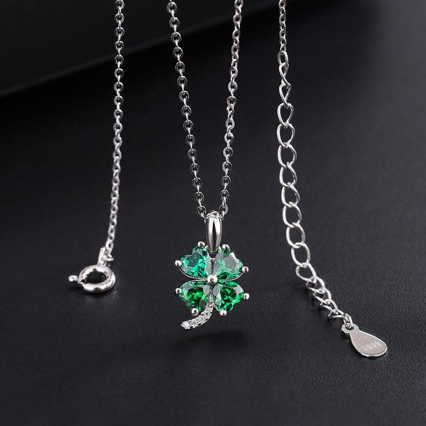 S999 Sterling Silver Four Leaf Clover Necklace Female Emerald Heart Shaped Clavicle Chain_ipsvogv.com