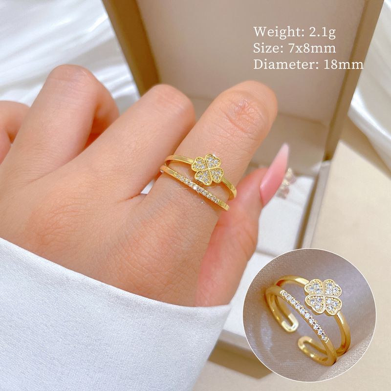 【 Real Gold 】 Four Leaf Flower Full Diamond With Adjustable Opening, Simple Handmade Ring, Couple's Pair Ring_ipsvogv.com