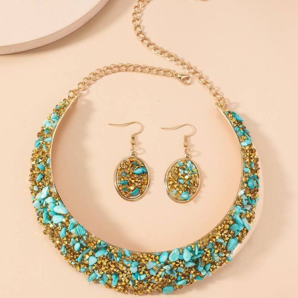 Fashion temperament full of diamond colored gravel necklace earrings set female personality exaggerated dinner accessories_ipsvogv.com