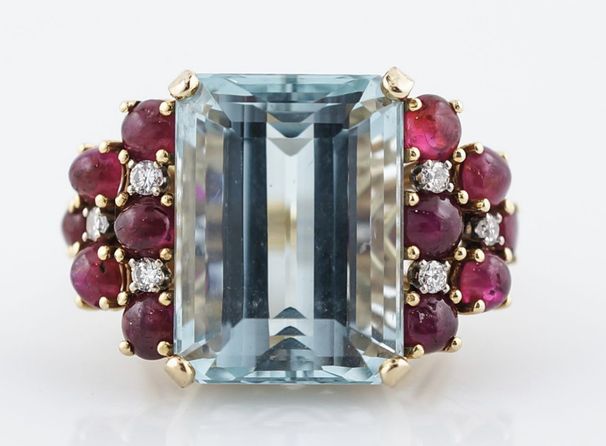 Sanjie Sea Blue Moissanite Ring Alloy Gold Plated Ethnic Style Jewelry Inlaid With Red Corundum Handmade_ipsvogv.com