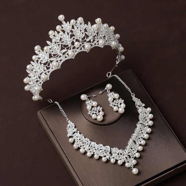 Fashion retro atmosphere pearl crown headdress necklace three piece accessories bride wedding dress princess crown_ipsvogv.com