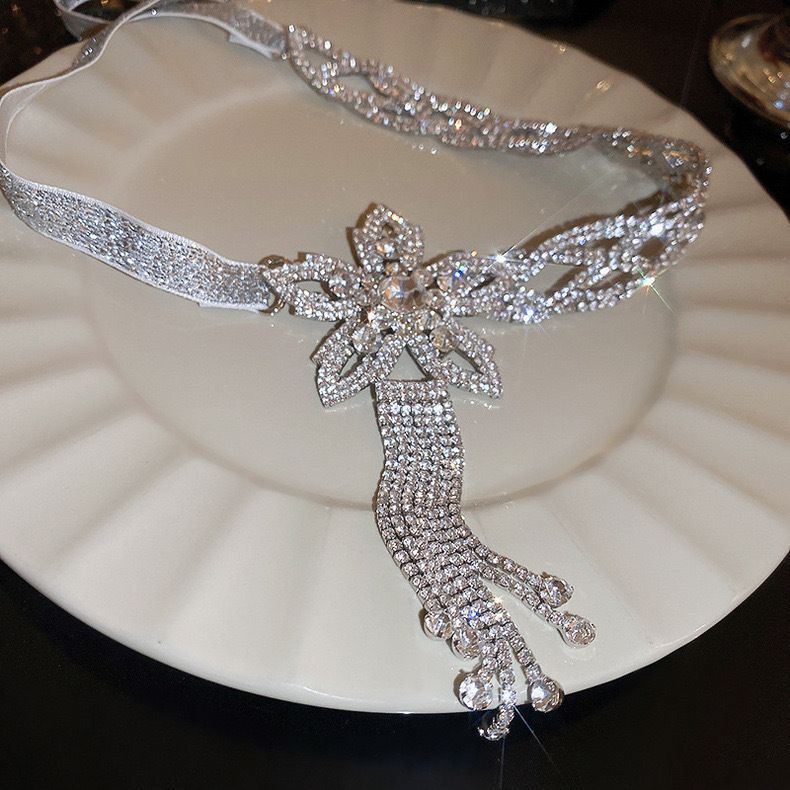 Super Shiny Full Diamond High-End Necklace For Women, Adjustable Flower Tassel Luxurious Choker With Bowknot Ribbon Neck_ipsvogv.com