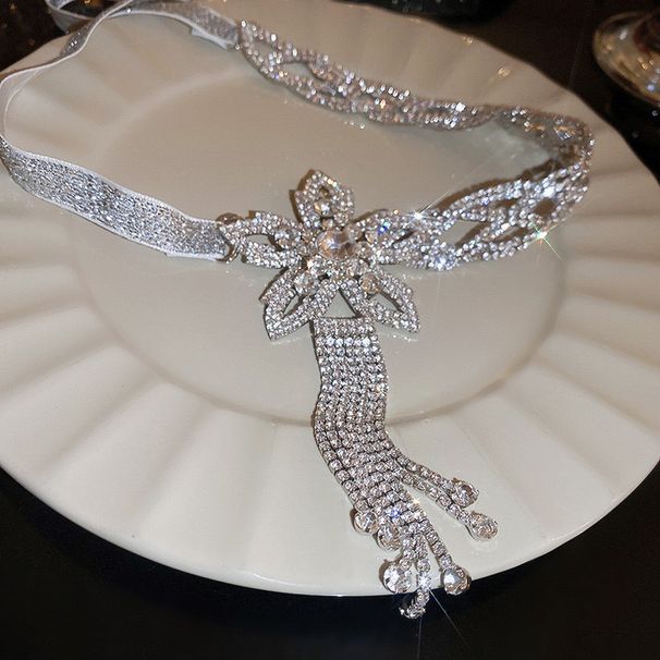 Super Shiny Full Diamond High-End Necklace For Women, Adjustable Flower Tassel Luxurious Choker With Bowknot Ribbon Neck_ipsvogv.com