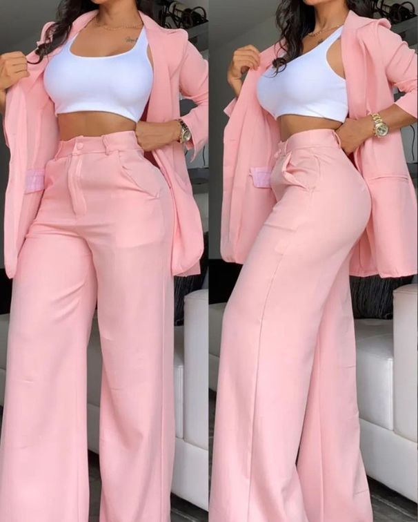 women's clothing, elegant and solid color split sleeve lapel suit with pockets and straight pants suit_ipsvogv.com