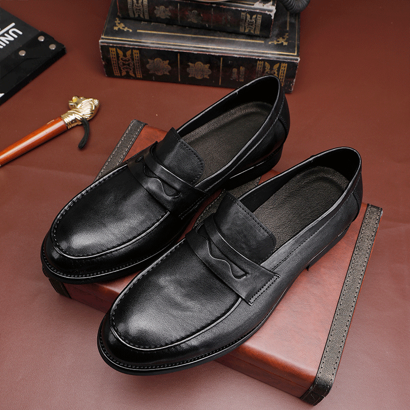 New wash vintage horse leather shoes a slip-on bean shoes men's shoes light luxury high-end straight leather shoes leather outsole_ipsvogv.com
