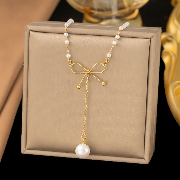 New Pearl Bow Titanium Steel Necklace For Women, Light Luxury, Niche Design, Timeless Collarbone Chain Jewelry_ipsvogv.com