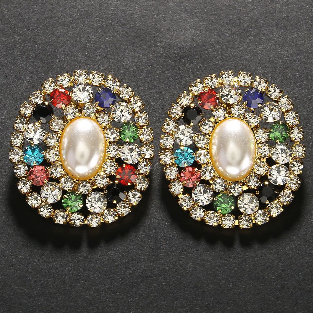 Popular Colored Diamond Oval Pearl Ear Clips European And American High-end Geometric Earrings Accessories Earrings_ipsvogv.com