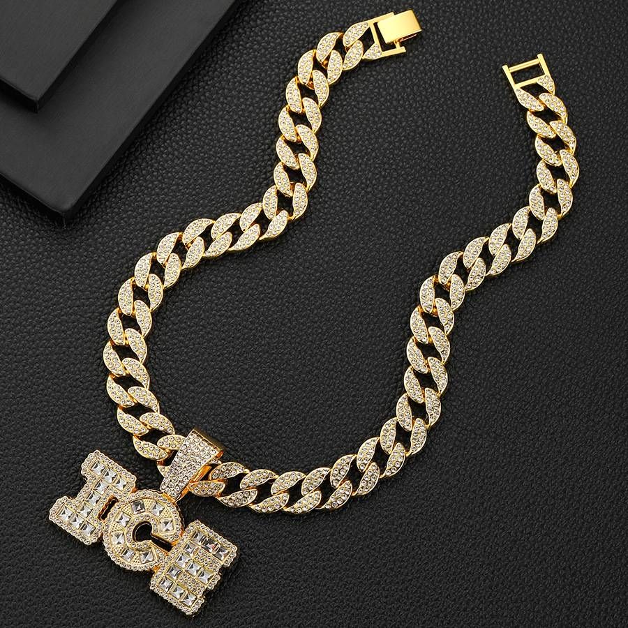 Glass Dia Letter ICE Pendant Niche Personality Cool Men's Versatile Jewelry Watch Buckle Necklace_ipsvogv.com