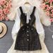 Women's temperament bow tie shirt two-piece suit tweed plaid suspender dress_ipsvogv.com