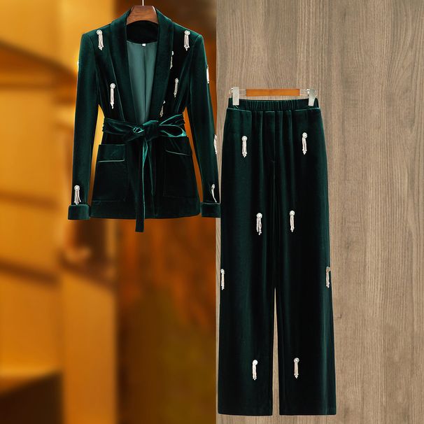 Women's Clothing 2024 high quality velvet beading fashion suit green fruit collar blazer lace up elastic wide leg pants two piece set_ipsvogv.com