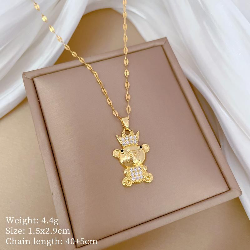 Fashion Cartoon Cute Crown Bear Pendant Necklaces for Friends Kids Stainless Steel Jewelry Accessories Gifts for Love_ipsvogv.com